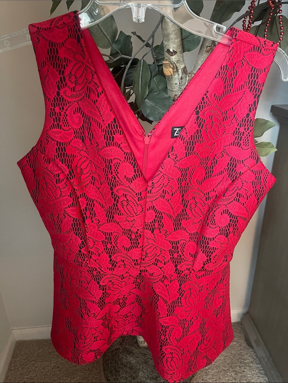 New York & Company Red Lace V-Neck Peplum Top